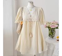 Abito baby doll elegante, vintage e casual da donna, taglia curvy, scollo a V, con inserti in pizzo, maniche corte a volant, vita con fiocco, adatto per feste, vacanze e occasioni speciali 0XL,1XL,2XL