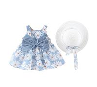 Abito Bambina, Vestito Bambina 3 Anni Principessa Baby Ruffles Set Ragazze Vacanza Infantile Cappello Senza Maniche Floreale Toddler 03Y Summer Beach Bow Abiti Dress Girls Dresses (Blue 12-18 Months)