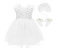 Abito Battesimo Bimba Respirante per Estate,Vestito Elegante Bambina con Merletto Bianco,Regalo per Battesimo,Compleanno,Matrimonio e Festa,con Cappellino in Merletto,Calzettoni & Scatola Regalo,18M