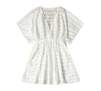 Abito bianco con scollo a V a maniche corte per ragazze con vita arricciata | L'abito bianco ha maniche corte, scollo a V, vita arricciata e sottile stampa su tutta la superficie