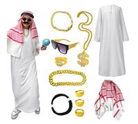Abito bianco con velo, kit di vestaglia da sceicco arabo con foulard, versione larga, accessori per carnevale, feste a tema e feste di Halloween