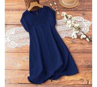 Abito bianco da donna con maniche a goccia, linea H, effetto stropicciato, in tessuto simile al lino, con toppe in pizzo floreale traforato L,M,S,XL,XXLColore unicoTessuto intrecciato