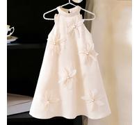 Abito bianco da ragazza con decorazioni floreali, abito in raso a maniche lunghe con applicazioni di fiori di perle, stile elegante da principessa adatto per banchetti/feste di compleanno, occasioni q