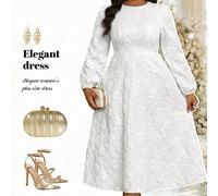 Abito bianco elegante da donna taglia curvy con collo quadrato, vita aderente e decorazione floreale tridimensionale, adatto per primavera, estate, San Valentino, matrimoni e occasioni formali 0XL,1XL