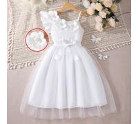 Abito bianco elegante in stile francese con decorazioni floreali 3D, abito da principessa monospalla in rete, adatto per la Festa dei Bambini, feste di compleanno, estate 8Y,9Y,10Y,11Y,12YColore unico