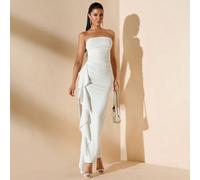 Abito bianco, estivo, elegante, formale, senza spalline, con spacco alto e volant, ideale per damigelle d'onore, feste di matrimonio, design a portafoglio senza maniche, laurea e San Valentino. L,M,S,