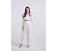 Abito Bianco Estivo Lungo Con Cintura E Maniche Lunghe Nappe Eleganti CF40338