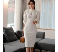 Abito Bianco Midi Elegante Collo Alto E Maniche A Palloncino Tubino CF40164