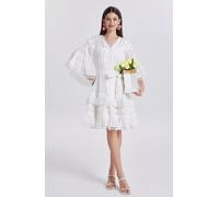 Abito Bianco Midi Pizzo E Maniche Campana Elegante Romantico Da Evento CF54409