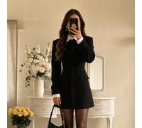 Abito blazer elegante da donna nero con collo rotondo e bottoni nascosti, abito blazer corto a maniche lunghe vestibilità aderente per autunno/inverno, stile lusso silenzioso elegante per ufficio, pen