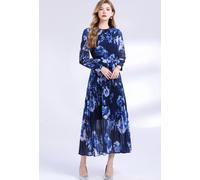 Abito Blu A Fiori Lunghi Con Gonna Plissé Cintura Elegante Da Cerimonia CF49038