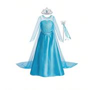 Abito blu a maniche lunghe per ragazze, abito da principessa con design in tulle, corona e bacchetta magica, adatto per costume da festa festiva, outfit da gioco di ruolo, costume per la settimana del