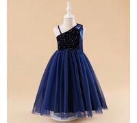 Abito blu con paillettes e rete a spalle scoperte per ragazze, adatto per varie occasioni, che esalta l eleganza e il romanticismo 6Y,7Y,4Y,5YPiantePoliestere