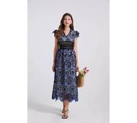 Abito Blu Con Ricami In Pizzo E Vita Alta Elegante Cerimonia CF42199
