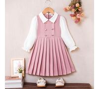 Abito blu navy da ragazza con colletto Peter Pan, doppio petto, orlo plissettato, maniche lunghe, 2 in 1, adatto per stile casual, elegante, per andare al lavoro, per la scuola 6Y,7Y,4Y,5YA strisceTes