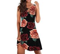 Abito boho da donna con stampa vintage, abito estivo corto, da donna, taglie grandi, elegante, scollo rotondo, senza maniche, linea ad A, per feste, per il tempo libero
