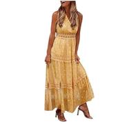 Abito boho da donna in pizzo, elegante, abito da spiaggia, senza maniche, con scollo a V, con nappe, piume, abito lungo per feste, con orlo a volant, linea A, maxi abito per il tempo libero, giallo