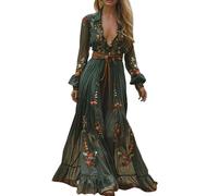 Abito Boho da Donna, Lungo Stile Vintage Rustico, Scollo a V, Abito Estivo con Motivo Floreale, Abito Maxi Casual, Abito a Maniche Lunghe con Fiori, Leggero ed Elegante, Abito Midi, Abito Western