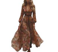 Abito Boho da Donna, Lungo Stile Vintage Rustico, Scollo a V, Vestito Estivo con Motivo Floreale, Maxi Abito Casual, Abito a Maniche Lunghe con Fiori, Leggero Elegante, Abito Midi, Abito Western