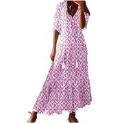 Abito boho da donna, maniche a 3/4, maxi abito estivo con stampa, scollo a V, abito da spiaggia, lungo, per il tempo libero, leggero, a linee, P-ink, XXL