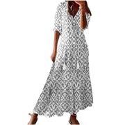 Abito boho da donna, maniche a 3/4, maxi abito estivo con stampa, scollo a V, abito da spiaggia, lungo, per il tempo libero, leggero, a linee, grigio., XXL
