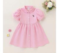 Abito camicia a maniche corte a bolle con ricami e righe, stile casual scolastico, adatto per ragazza, per primavera/estate, per uscite, la scuola e uso quotidiano 6Y,7Y,4Y,5YA striscePoliestere