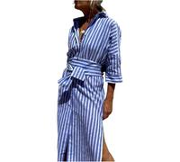 Abito Camicia Classico a Righe con Lacci, Abito camicias con Spacchi sul Bavero, Abiti Camicia da Donna Casual con Risvolto, Manica a 3/4 annodata con Bottoni (Blue,XL)