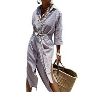 Abito Camicia Classico a Righe con Lacci, Abito camicias con Spacchi sul Bavero, Abiti Camicia da Donna Casual con Risvolto, Manica a 3/4 annodata con Bottoni (Light Brown,XXL)