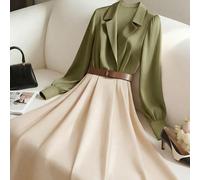 Abito camicia da donna a maniche lunghe, stile retrò versatile adatto per lavoro, vacanze e uso quotidiano, con blocchi di colore, vita arricciata e linea ad A, elegante, stile francese di strada, aut