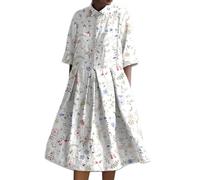 Abito camicia da donna UK Midi, abiti in cotone e lino da donna UK, abito a pieghe a mezza manica con bottoni prendisole con stampa floreale prendisole al ginocchio prendisole a vita larga prendisole