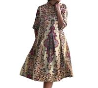 Abito camicia da donna UK Midi, abiti in cotone e lino da donna UK, abito a pieghe a mezza manica con bottoni prendisole con stampa floreale prendisole al ginocchio prendisole a vita larga prendisole