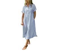 Abito Camicia Donna Elegante, Abiti Estivi Donna Curvy, Scollo a V Abiti Lunghi Elegante Abito Da Camicia a Maniche Corte Con Bottoni E Tasche Vestito In Lino Mare Casual Per Primavera Estivo
