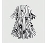 Abito camicia preppy giocoso per ragazze giovani, a righe classiche bianche e nere con stampa glitter 3D, raffinato e accattivante. Design con colletto + monopetto, che combina la freschezza di una ca