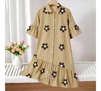 Abito camicia stile preppy giocoso per ragazze, a righe giallo brillante e marrone con stampa glitter 3D, raffinato e accattivante. Design con colletto + monopetto, che combina la freschezza di una ca