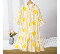 Abito camicia stile preppy giocoso per ragazze adolescenti, a righe gialle e bianche con stampa glitter 3D, raffinato e accattivante. Design con colletto + monopetto, combina la freschezza di una cami