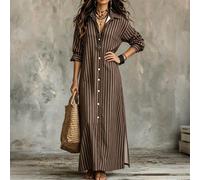 Abito camicia vintage marrone a righe verticali per donna, abito casual ampio con spalle cadenti, maniche lunghe e spacco, lunghezza oltre il ginocchio L,M,S,XL,XXLA strisceTessuto intrecciato