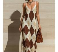 Abito canotta da donna in maglia jacquard con motivo argyle, stile boho elegante per vacanze estive, marrone, da indossare con un abito lungo sotto in autunno e inverno L,M,S,XLStampa CasualeTessuto