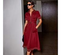 Abito casual a maniche corte con colletto, bottoni frontali, tasche e cintura, in stile retrò, simile al denim, con colori a contrasto, adatto per la primavera/estate e il Natale L,M,S,XL,XS,XXLTessut