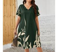 Abito casual a maniche corte con stampa e bordo a scalinata, di taglia grande, adatto per primavera/estate 0XL,1XL,2XL,3XL,4XLFloreale,PianteTessuto intrecciato