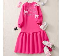 Abito casual a maniche lunghe per ragazze con motivo in strass, dettaglio in pizzo e fiocco, adatto per camminare, viaggiare, fare shopping, vacanze, può essere abbinato a giacca o gilet 8Y,9Y,10Y,11Y