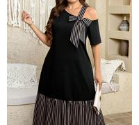 Abito casual a righe con spalla obliqua e laccio frontale, taglie forti, per l'estate, Festa della Mamma, outfit da chiesa, abiti estivi eleganti per donne 0XL,1XL,2XL,3XL,4XLA strisceTessuto in magli