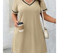 Abito casual alla moda con scollo a V, nastro a contrasto, maglia nera, taglia comoda, abito beige, outfit casual da donna, abiti casual estivi da donna, abito Zanzea da donna 0XL,1XL,2XL,3XL,4XL,5XLC