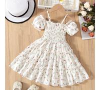 Abito casual alla moda per ragazze con stampa floreale, spalle scoperte, spalline sottili, maniche corte e orlo multistrato, adatto per uso quotidiano, uscite nel fine settimana, abbigliamento scolast