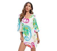 Abito casual bianco camaleonti verde rosso abito da cocktail con maniche a 3/4 S-XXL, Verde Rosso Camaleonti Bianco, M