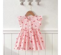 Abito casual carino in stile francese, monocolore rosa chiaro a quadri con scollo a V e motivo a ciliegie, adatto per l'estate, attività all'aperto, la scuola e altre occasioni 6-9M,9-12M,12-18M,18-24