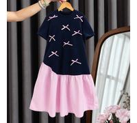 Abito casual carino per ragazze pre-adolescenti con blocchi di colore, fiocco e maniche corte, abito Modely per la scuola, blu navy, estivo 8Y,9Y,10Y,11Y,12YBlocchi di colore,A striscePoliestere