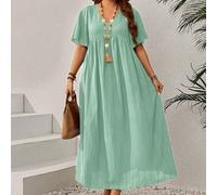 Abito casual con scollo a V arricciato, manica corta, taglie comode per donna, adatto all'inizio della primavera 0XL,1XL,2XL,3XL,4XLColore unicoTessuto intrecciato