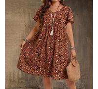 Abito casual con scollo a V e maniche corte, taglia comoda, stile country casual per vacanze, semplice e alla moda per uso quotidiano, top estivi da donna, outfit estivi da donna 0XL,1XL,2XL,3XL,4XL,5