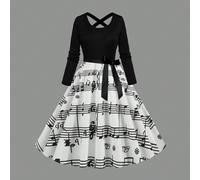 Abito casual con scollo a V, vita annodata e stampa a note musicali, elegante, colore bianco, per primavera, da donna L,M,S,XL,XXLTie DyeTessuto in maglia