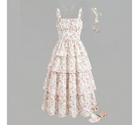 Abito casual con spalline sottili a fiori piccoli bianco e rosa per ragazze pre-adolescenti, outfit per feste estive e vacanze, per la festa della mamma, laurea, primavera & estate, uso quotidiano 8Y,